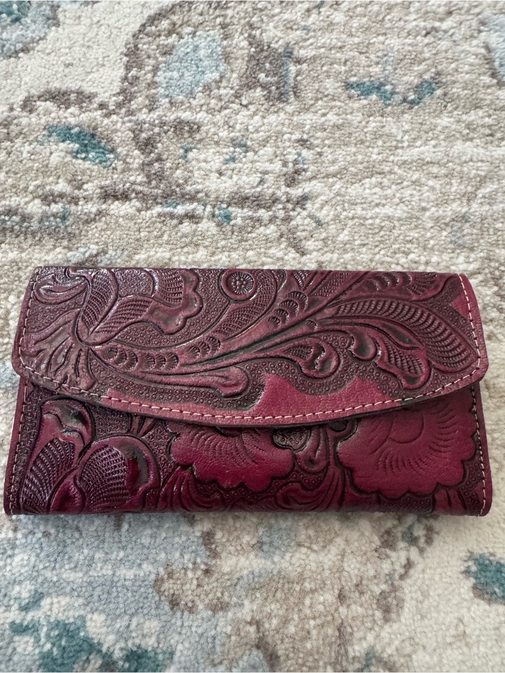 Hand-Tooled Floral Leather Wallet in Wine